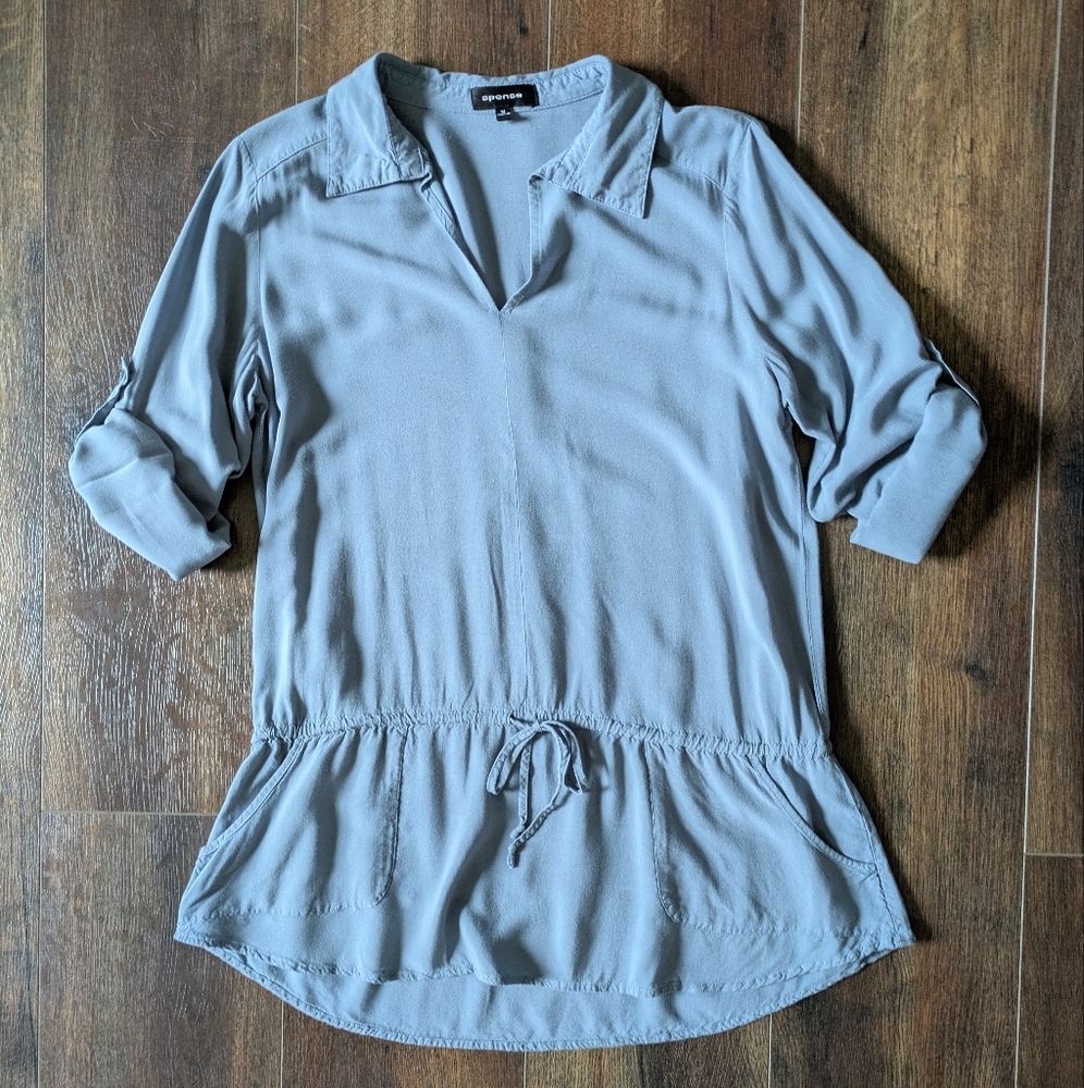 Spense Womens Popover Blouse Tie Waist Tunic Medium Casual Roll Tab Pockets - Picture 4 of 14
